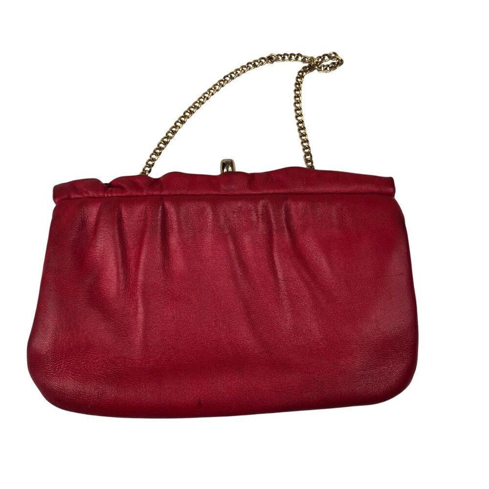 Vintage Joseph Magnin Red Leather Evening Bag Clutch Gold Chain Strap